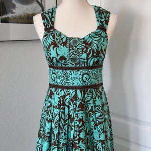 NorthStyle Aqua Brown Floral Paisley A-Line Dress with Ribbon Trim Size 6